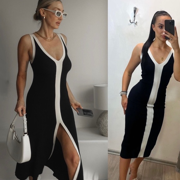 Dresses & Skirts - Black and white contrast knit v neck sleeveless midi dress with vented slit